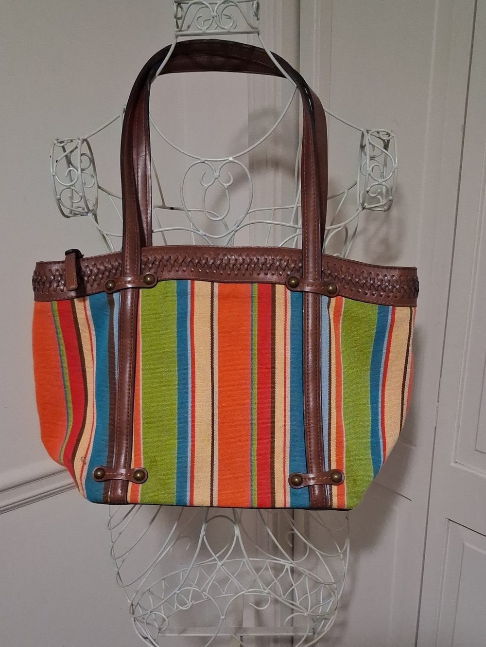 Fossil Multicolor Striped Canvas Tote with Brown Leather Trim